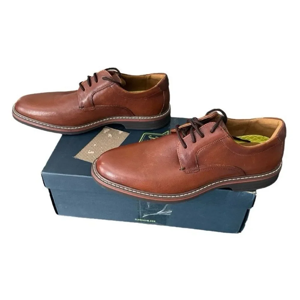 Florsheim Brown Leather Plain Toe Derby Oxford Mens 9M Lace Up Dress Shoes